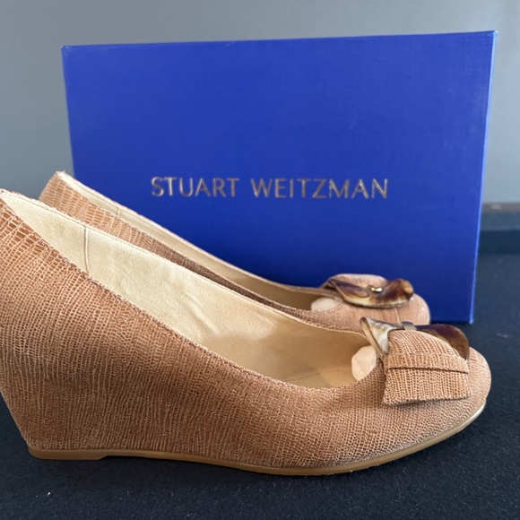 Stuart Weitzman Sz 8.5 Tan Leather Bucalina Tortoiseshell Buckle Round Toe Wedge - Picture 4 of 4
